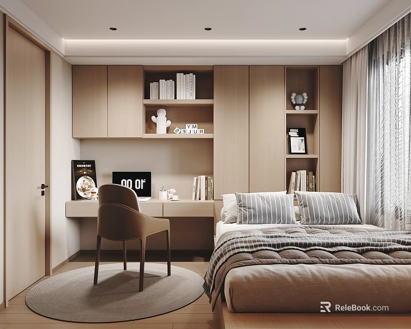 Minimalist Tatami Bedroom Interior With Wooden Desk Built in Bookshelf Cozy Bed And Soft Curtains 3d model 