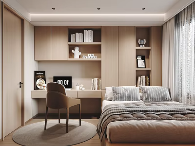 Minimalist Tatami Bedroom Interior With Wooden Desk Built in Bookshelf Cozy Bed And Soft Curtains 3d model