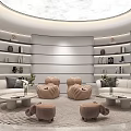 Modern Minimalist Reception Area With White Marble Circular Ceiling Light Rabbit Decoration Sofa And Bookshelf