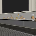 Modern Linear Fireplace With Realistic Flames Gray Cabinetry And Gold Decorative Vases