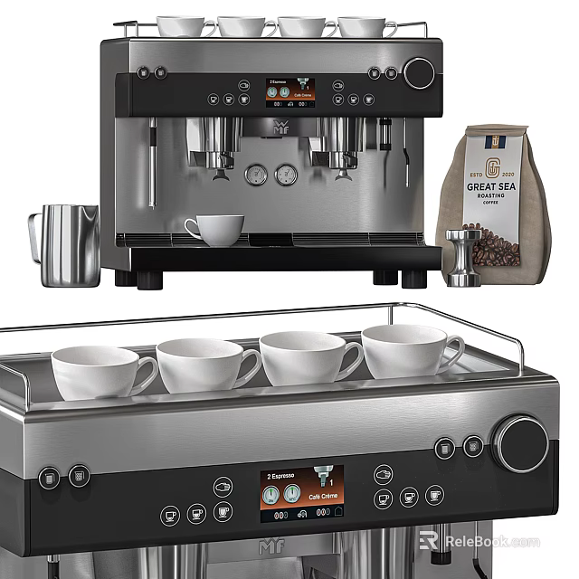 Modern Kitchen Appliances Featuring Espresso Machine Coffee Cups And Beans Bag 3d model 
