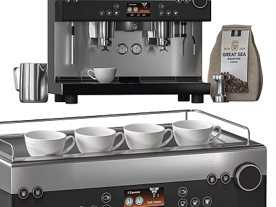 Modern Kitchen Appliances Featuring Espresso Machine Coffee Cups And Beans Bag 3d model