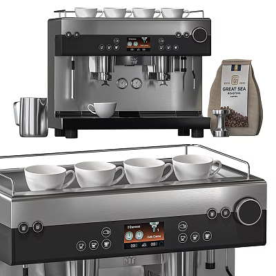 Modern Kitchen Appliances Featuring Espresso Machine Coffee Cups And Beans Bag 3d model