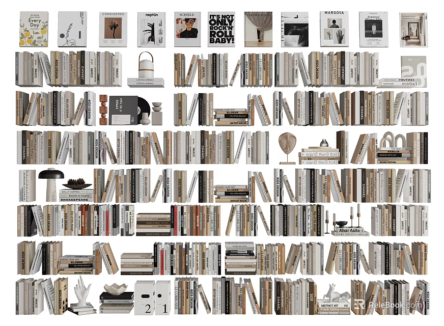 Stylish Books and Magazines Display with Wooden Shelves and Stacked Arrangement 3d model 
