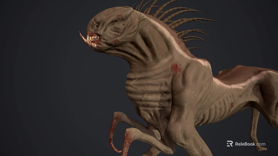 Fierce Fantasy Monster Creature Running with Sharp Fangs Spiked Back and Bloody Wounds 3d model 