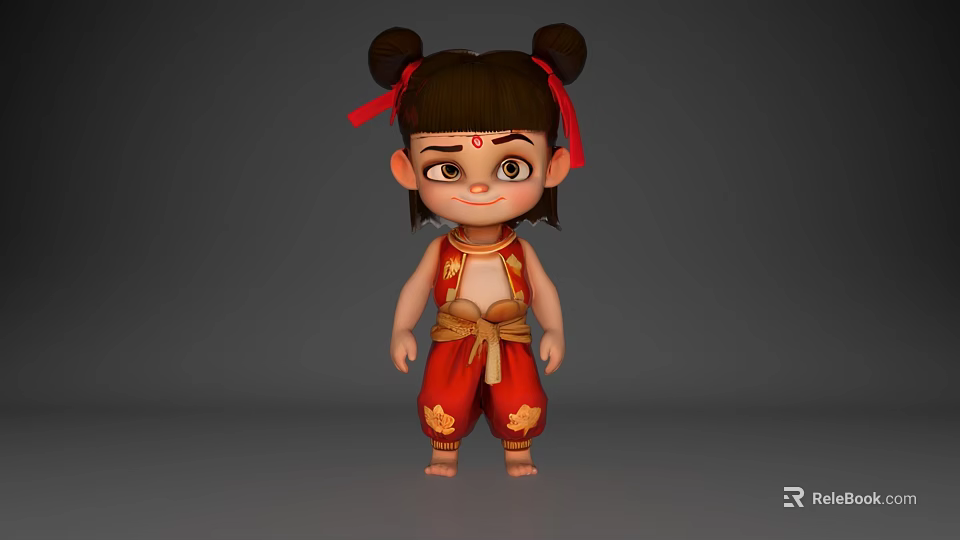 3D Animated Game and Movie Character With Double Buns Red Ribbons and Red Gold Outfit 3d model 