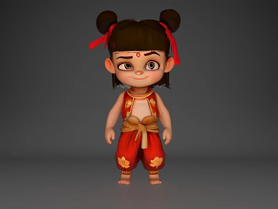 3D Animated Game and Movie Character With Double Buns Red Ribbons and Red Gold Outfit 3d model