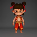 3D Animated Game and Movie Character With Double Buns Red Ribbons and Red Gold Outfit