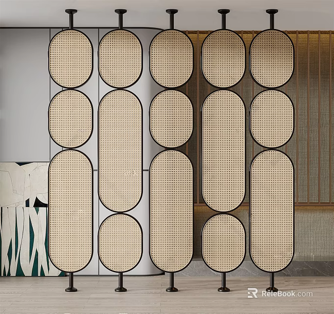 Modern Woven Rattan Screen With Round And Rectangular Cutout Design Black Metal Frame 3d model
