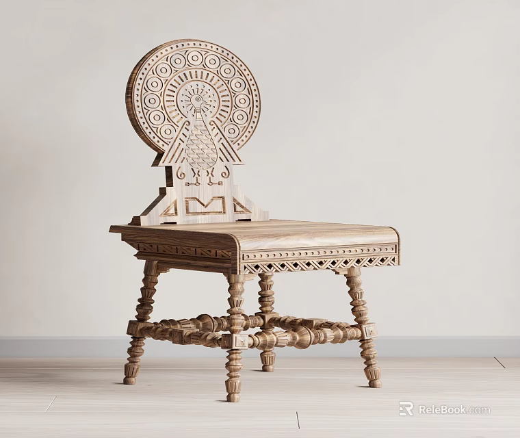 Handcrafted Wooden Accent Chair With Intricate Carved Backrest And Ornate Legs 3d model 