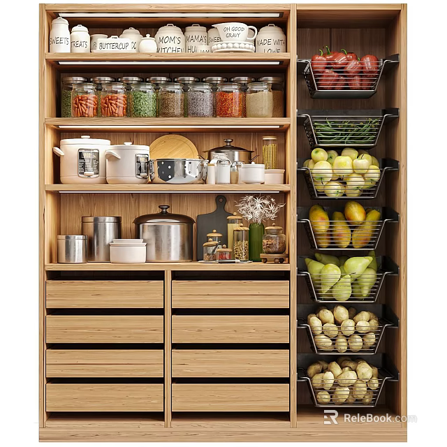 Wooden Kitchen Cabinet With Dinnerware Set Storage Shelves And Fruit Vegetable Baskets 3d model 