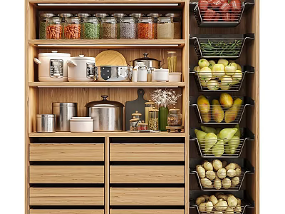 Wooden Kitchen Cabinet With Dinnerware Set Storage Shelves And Fruit Vegetable Baskets 3d model