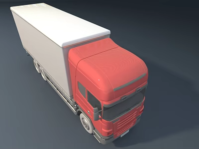 Red Commercial Truck Side View 3D Render With White Cargo Container Dark Background 3d model