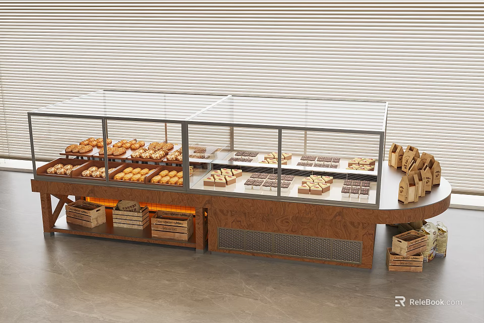Bakery Display Shelves With Glass Doors Holding Fresh Pastries And Breads 3d model 