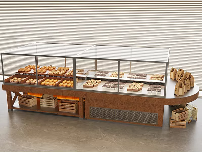 Bakery Display Shelves With Glass Doors Holding Fresh Pastries And Breads 3d model