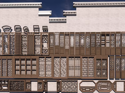 Traditional Chinese Lattice Windows With Intricate Patterns Against White Wall And Blue Sky 3d model