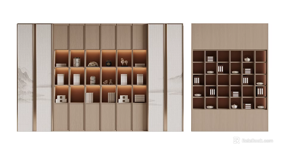 Modern Bookcase With Built in Lighting Layered Shelves And Grid Compartments Holding Books Decorative Ornaments 3d model 