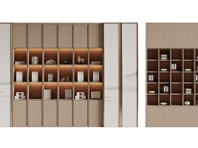 Modern Bookcase With Built in Lighting Layered Shelves And Grid Compartments Holding Books Decorative Ornaments 3d model