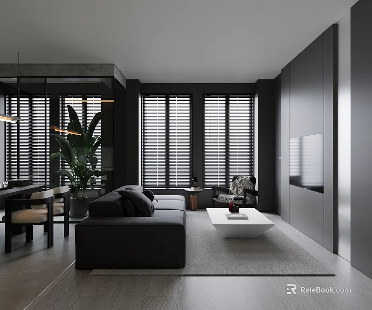 Modern Living Room With Black Sofa White Coffee Table Gray Rug Green Plant And Blinds 3d model 