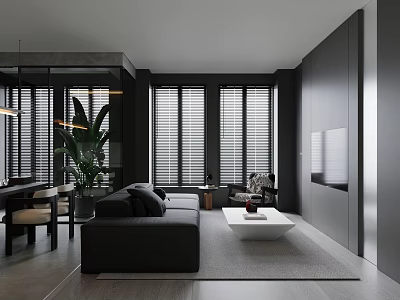 Modern Living Room With Black Sofa White Coffee Table Gray Rug Green Plant And Blinds 3d model