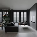 Modern Living Room With Black Sofa White Coffee Table Gray Rug Green Plant And Blinds