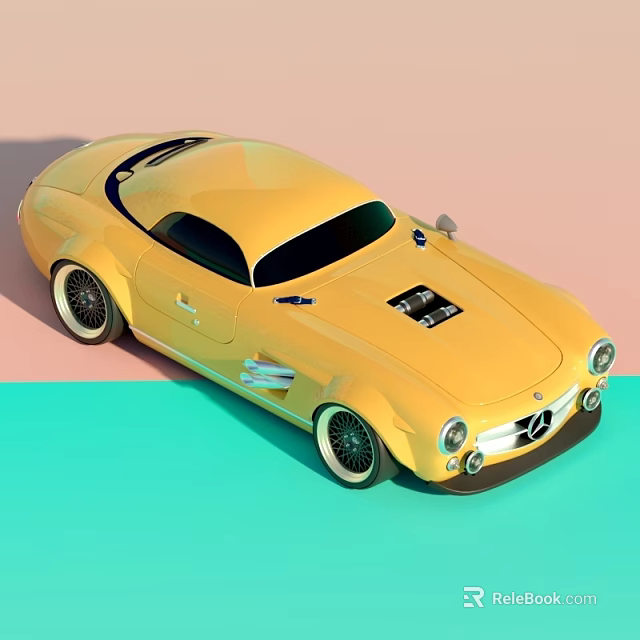 Yellow Vintage Mercedes Sports Car With Classic Design On Pink And Green Pastel Background 3d model 