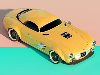 Yellow Vintage Mercedes Sports Car With Classic Design On Pink And Green Pastel Background 3d model