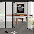 Modern Folding Doors with Perforated Metal Mesh Frame in Contemporary Dining Interior 3d model