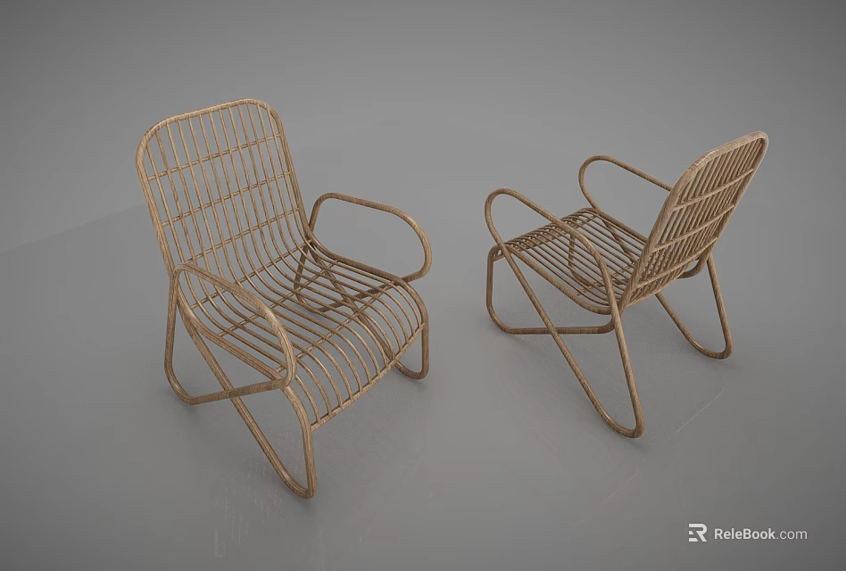 Two Golden Rattan Leisure Chairs with Modern Metal Frame and Wire Design 3d model 
