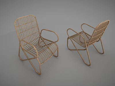 Two Golden Rattan Leisure Chairs with Modern Metal Frame and Wire Design 3d model