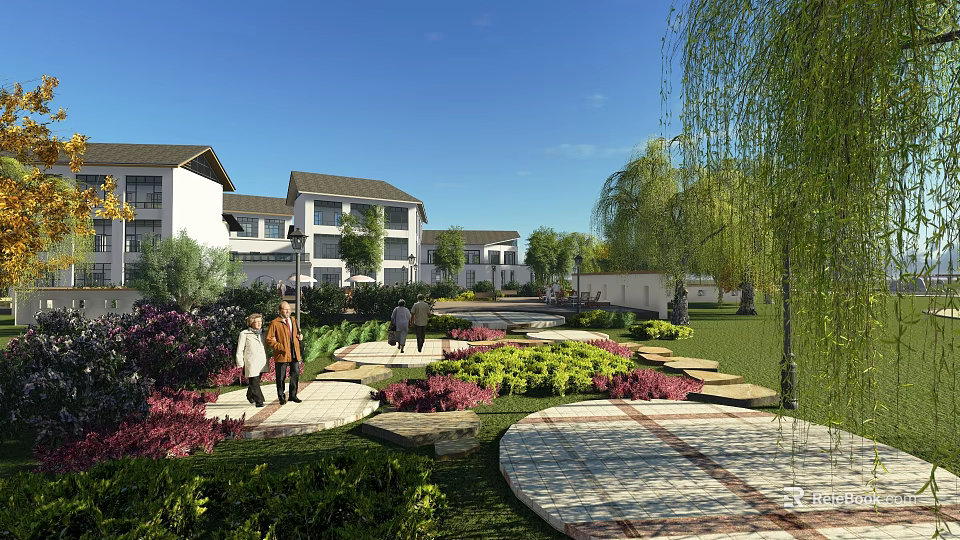 Modern Residential Community With Green Gardens Willow Trees And People Strolling 3d model 