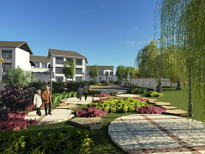 Modern Residential Community With Green Gardens Willow Trees And People Strolling 3d model