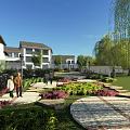 Modern Residential Community With Green Gardens Willow Trees And People Strolling