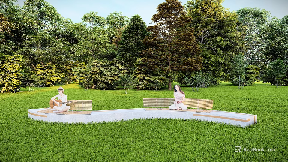 Comfortable Landscape Seats in Green Park with Lush Trees and Grass 3d model 