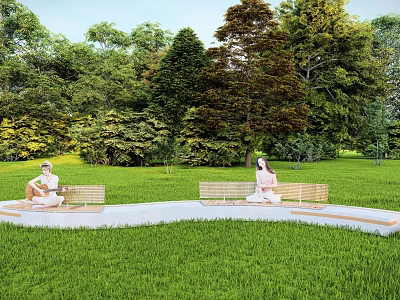 Comfortable Landscape Seats in Green Park with Lush Trees and Grass 3d model