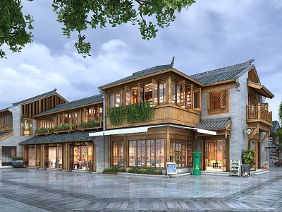 Traditional Chinese Style Commercial Street With Wooden Shop Fronts Gray Tile Roof And Green Plants 3d model