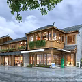 Traditional Chinese Style Commercial Street With Wooden Shop Fronts Gray Tile Roof And Green Plants