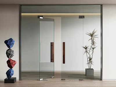 Glass Double Doors In Modern Interior With Wooden Floor Decorative Stone Sculpture And Potted Plant 3d model