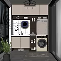 Modern Home Balcony with Blinds Washing Machine Dryer Sink Cabinets Storage and Green Plant