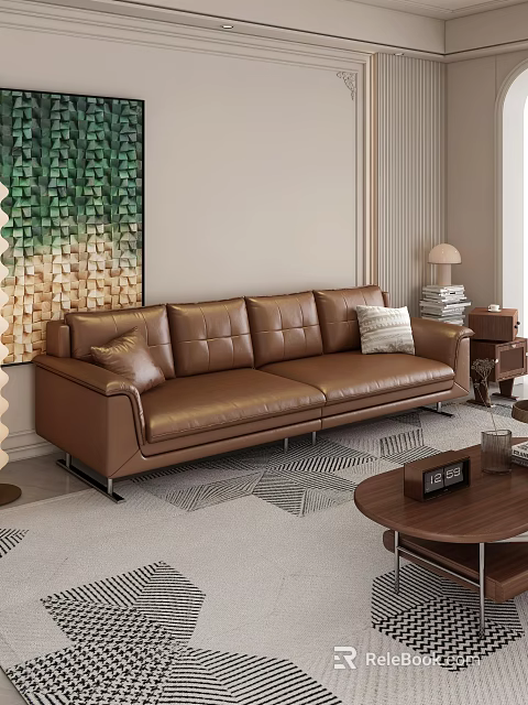 Brown Leather Multi-seat Sofa With Pillows Geometric Rug And Wooden Coffee Table 3d model 
