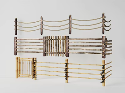 Wooden and Bamboo Fence Structures With Rope Accents and Decorative Designs 3d model