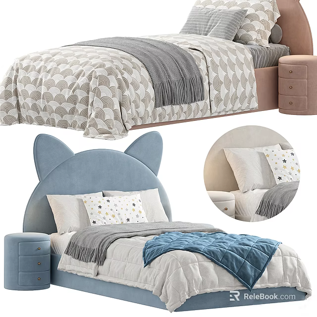 Cat Ear Shaped Kids Bed With Blue Pink Headboard Soft Bedding And Decorative Pillows 3d model 