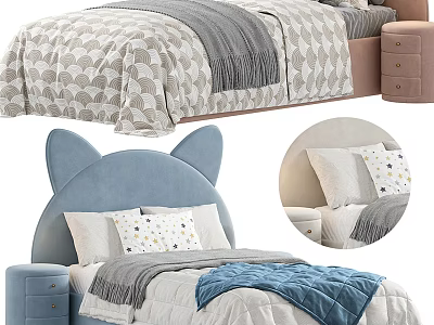 Cat Ear Shaped Kids Bed With Blue Pink Headboard Soft Bedding And Decorative Pillows 3d model