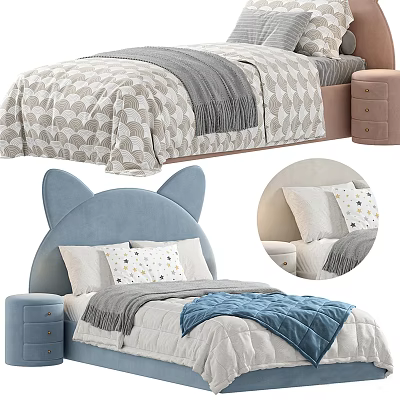 Cat Ear Shaped Kids Bed With Blue Pink Headboard Soft Bedding And Decorative Pillows 3d model