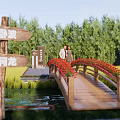 Wooden Landscape Bridge With Red Railings Over Water Amid Green Grass Trees And People Walking