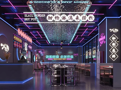 Neon Lit Modern Hot Pot Restaurant Interior With Tables Chairs And Counter Decorations 3d model