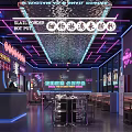 Neon Lit Modern Hot Pot Restaurant Interior With Tables Chairs And Counter Decorations