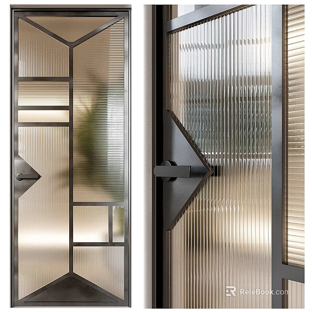 Modern Glass Doors With Metal Frames Geometric Design Ribbed Glass And Unique Handles 3d model 
