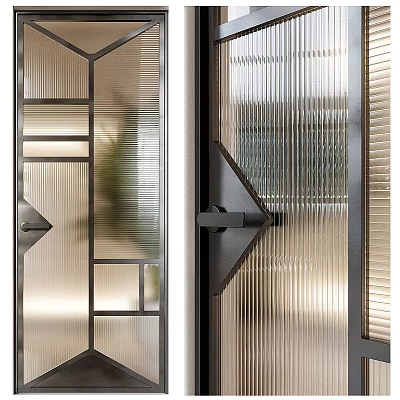 Modern Glass Doors With Metal Frames Geometric Design Ribbed Glass And Unique Handles 3d model