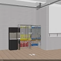 Glass Door Display Cabinet With Black Water Dispenser And Bottles In White Tiled Room